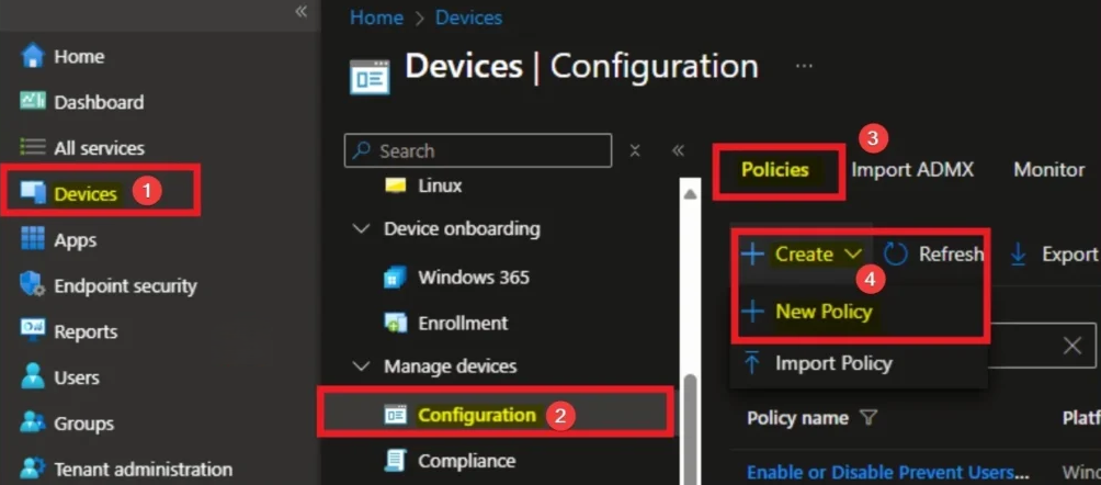 Creating a new configuration policy in Intune